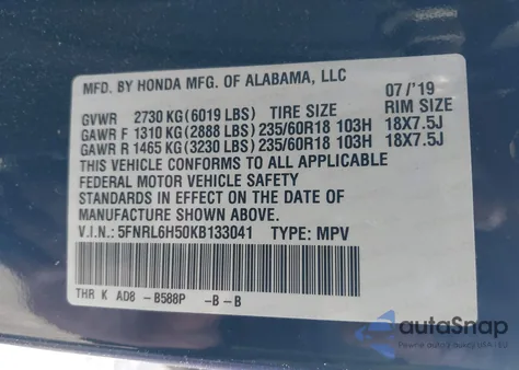 2019 Honda Odyssey Ex from USA, damaged, VIN 5FNRL6H50KB133041